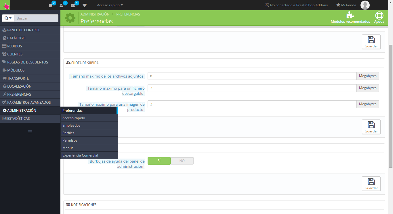 Administración de Prestashop